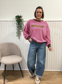 Sweat femme rayé rose et marron Amour – Coupe oversize