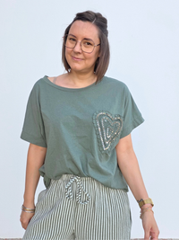 Tee-shirt en coton avec cœur brodé et strass – Taille unique