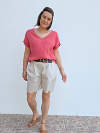 Haut femme en gaze de coton terracotta col V irisé – Taille unique