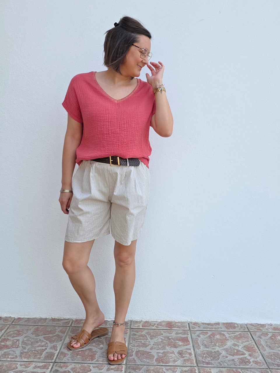 Haut femme en gaze de coton terracotta col V irisé – Taille unique
