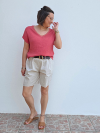Haut femme en gaze de coton terracotta col V irisé – Taille unique