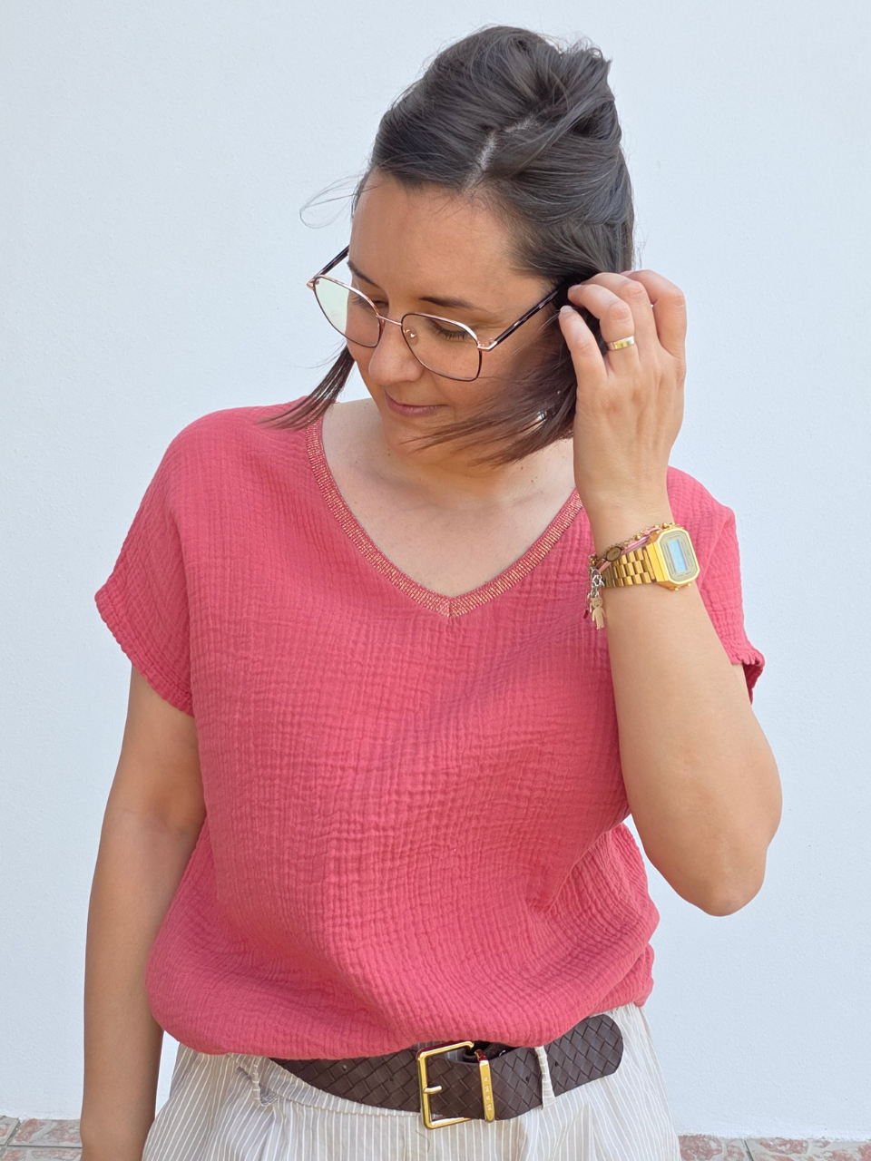 Haut femme en gaze de coton terracotta col V irisé – Taille unique