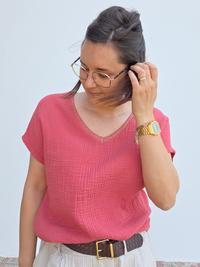 Haut femme en gaze de coton terracotta col V irisé – Taille unique