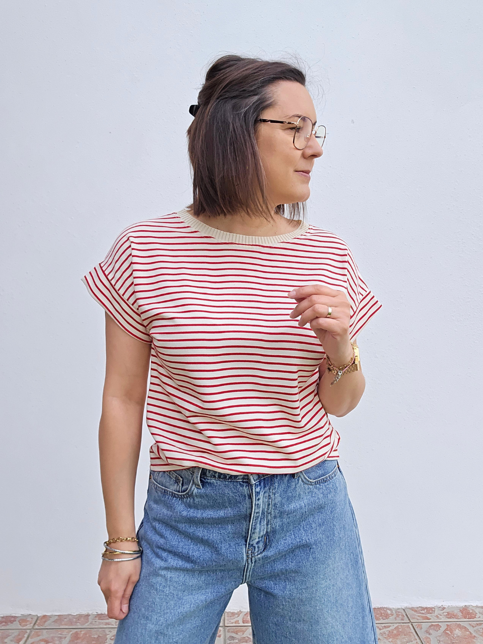 Tee-shirt rayé col strié