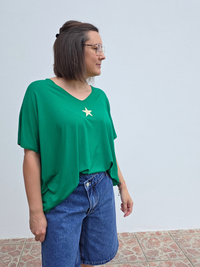 Tee-shirt oversize vert femme en viscose avec étoile dorée – Taille unique 36-44