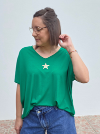 Tee-shirt oversize vert femme en viscose avec étoile dorée – Taille unique 36-44