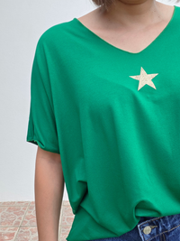 Tee-shirt oversize vert femme en viscose avec étoile dorée – Taille unique 36-44