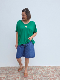 Tee-shirt oversize vert femme en viscose avec étoile dorée – Taille unique 36-44